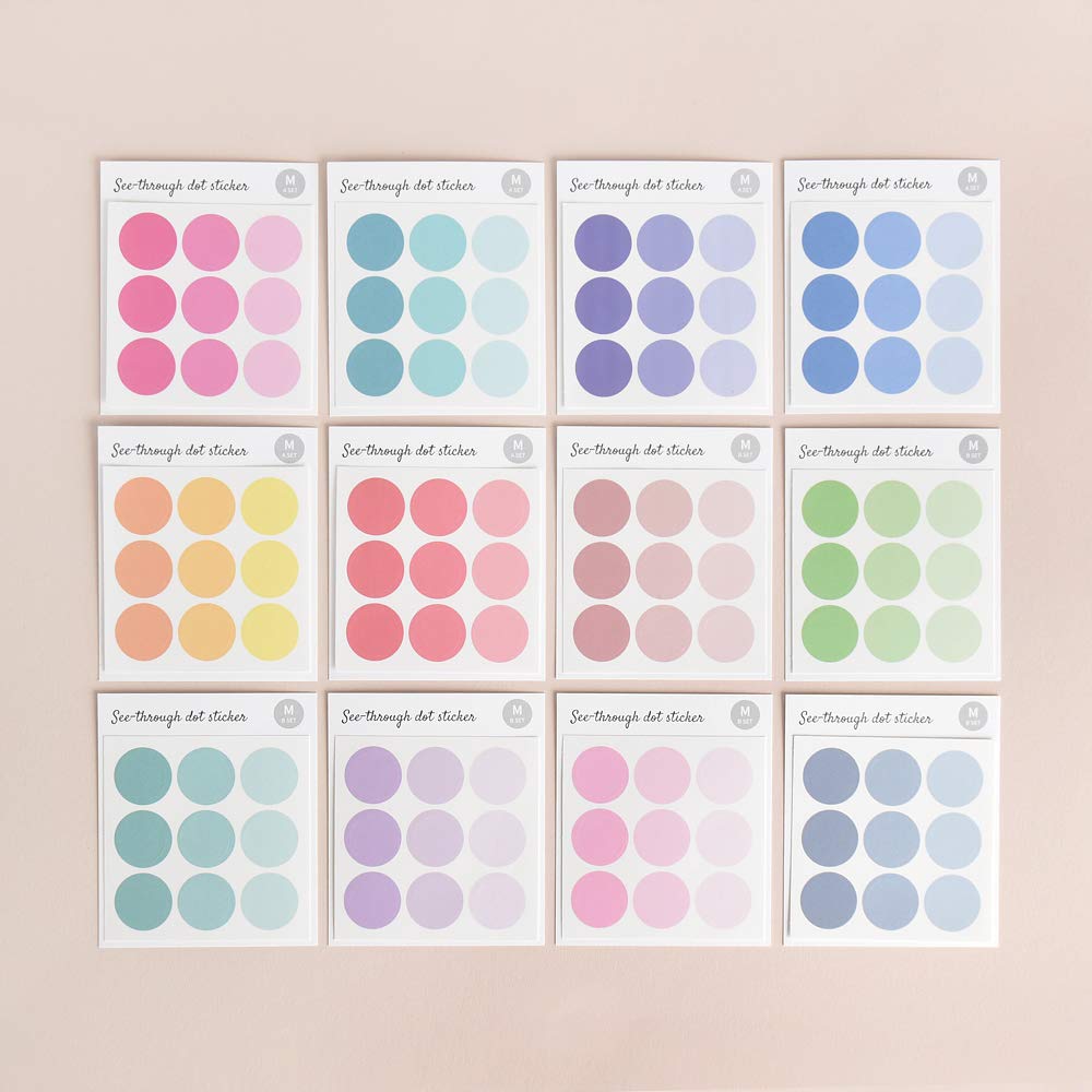 Monolike Circle Stickers - See Through Dot Stickers Medium Size Set, 12 Type Stickers 36 Sheets