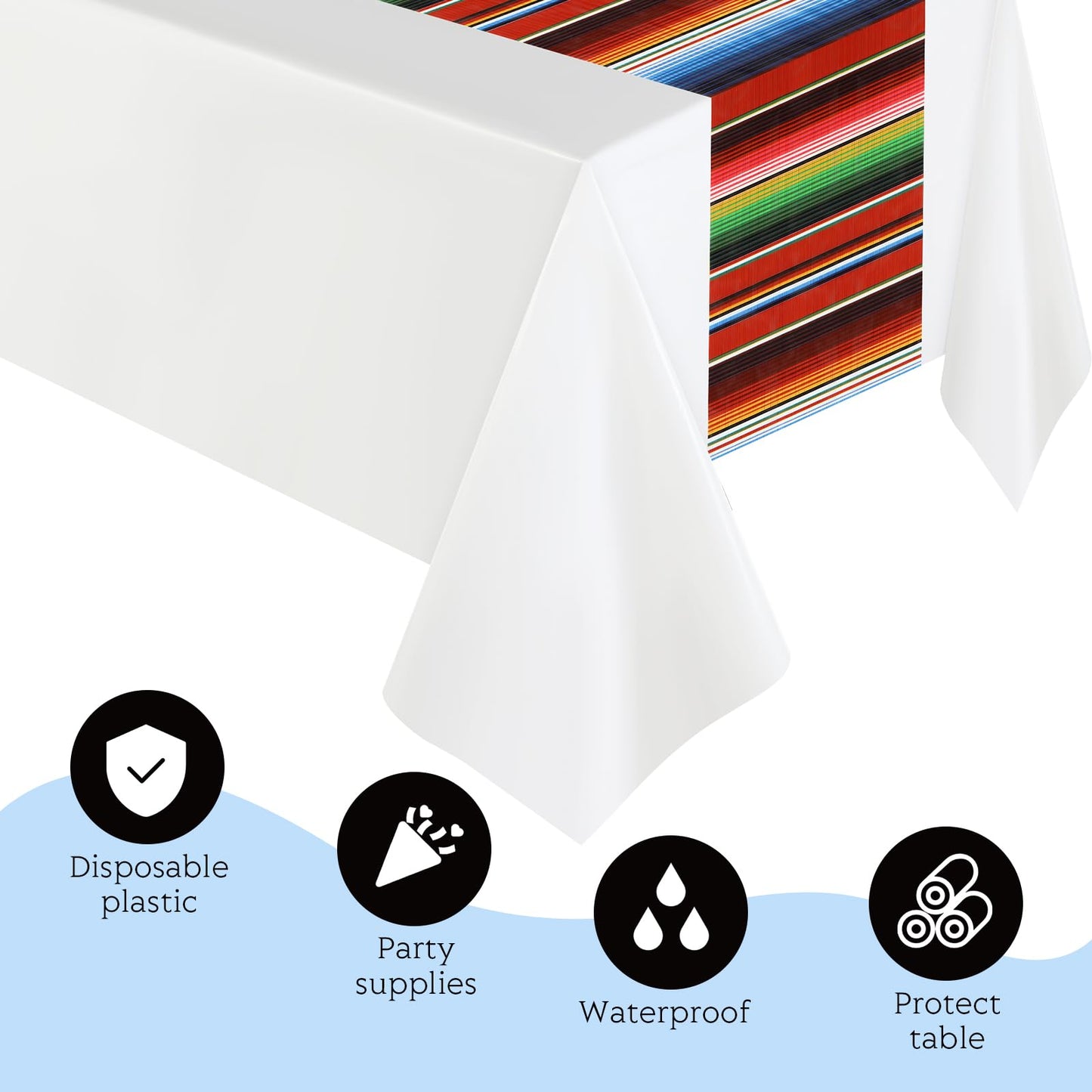 Hosuly Mexican Fiesta Tablecloth 54 X 108'' Party Plastic Tablecloth Striped Table Cover For Mexican Fiesta Party Decorations(Wh