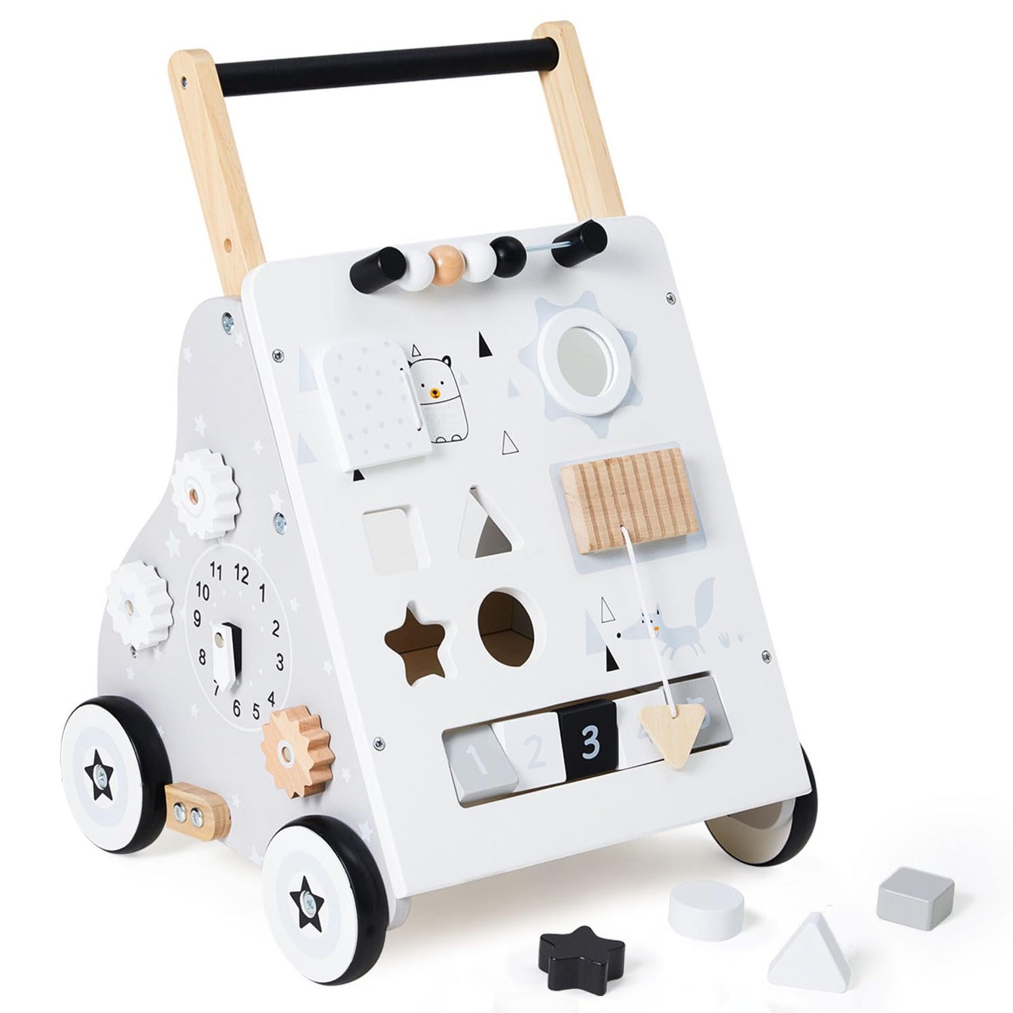 PTINFLUCE Wooden Baby Walker, Baby Push Walker with Wheel, Push and Pull Toys Learning to Walk, Montessori Walker Toy for Kids D