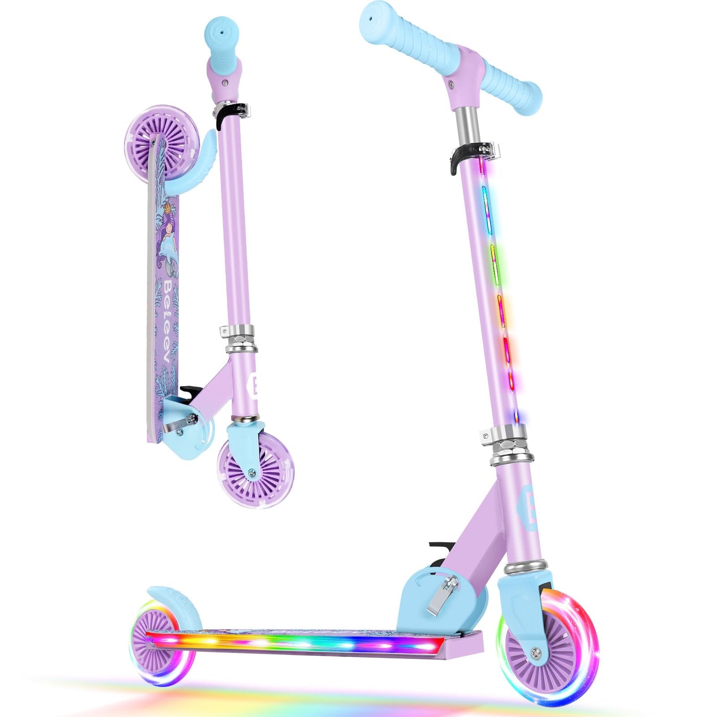 Beleev Scooters For Kids Ages 3-12 With Light-Up Wheels & Stem & Deck, 2 Wheel Folding Scooter For Girls Boys, 3 Adjustable Height, Non-Slip Pattern Deck, Kick Scooter For Children (Purple)