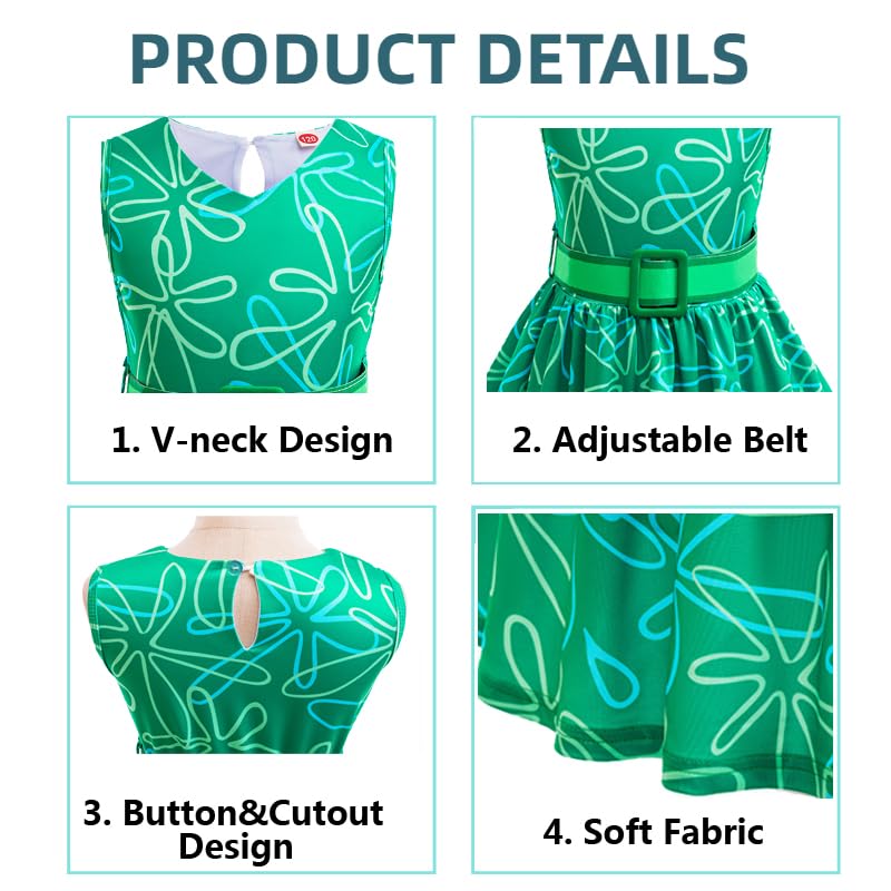 Magwei Girls Disgust Costume Joy Princess Dress Costume Kids Cosplay Dress Up Halloween Birthday Christmas Outfits With Wig (Gre