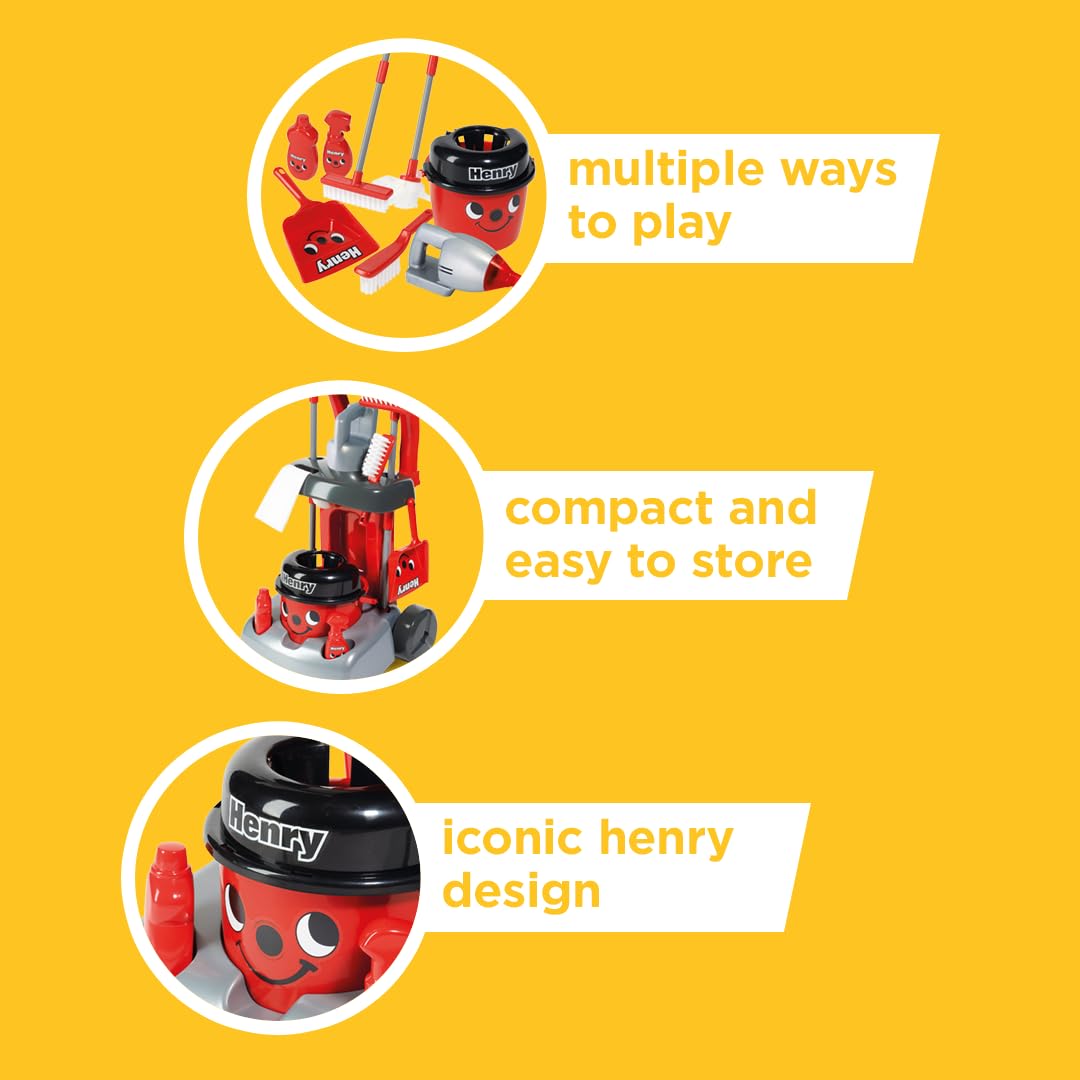 Casdon Henry Deluxe Cleaning Trolley Set - Red Toy Playset with Hand Vacuum - 19.5 x 29 x 48.3 cm - Kids Age 3+