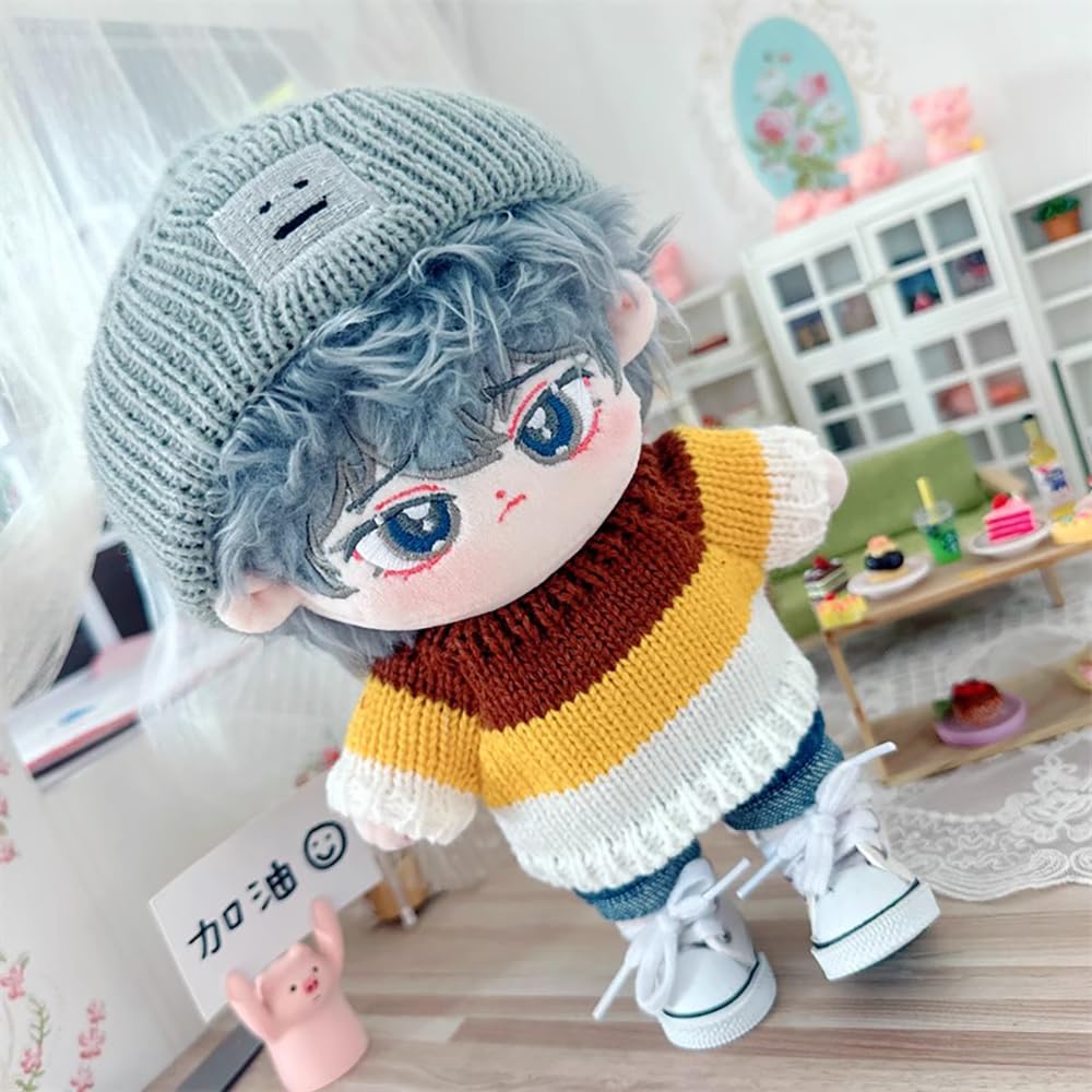 niannyyhouse 7.8in/20cm Plush Doll Clothes Hat + Sweater + Shorts 3-Piece Set Doll Dressup(Grey+Blue)
