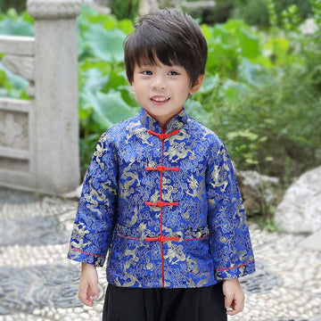 Boy Tang Suit Dragon Long Sleeve Shirt Chinese New Year Outfit Chinese Traditional Clothes For Kids (Blue,6-8 Years)