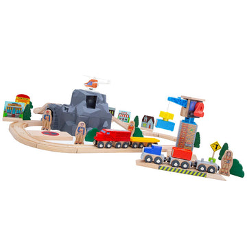 Orbrium Wooden Train Set with Magnetic Crane & Helicopter, Model ORB-TS-500, Multicolor, Compatible with Thomas & Friends
