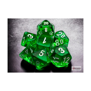 Green Translucent Mini Dice With White Numbers 10Mm (3/8In) Set Of 7 Chessex