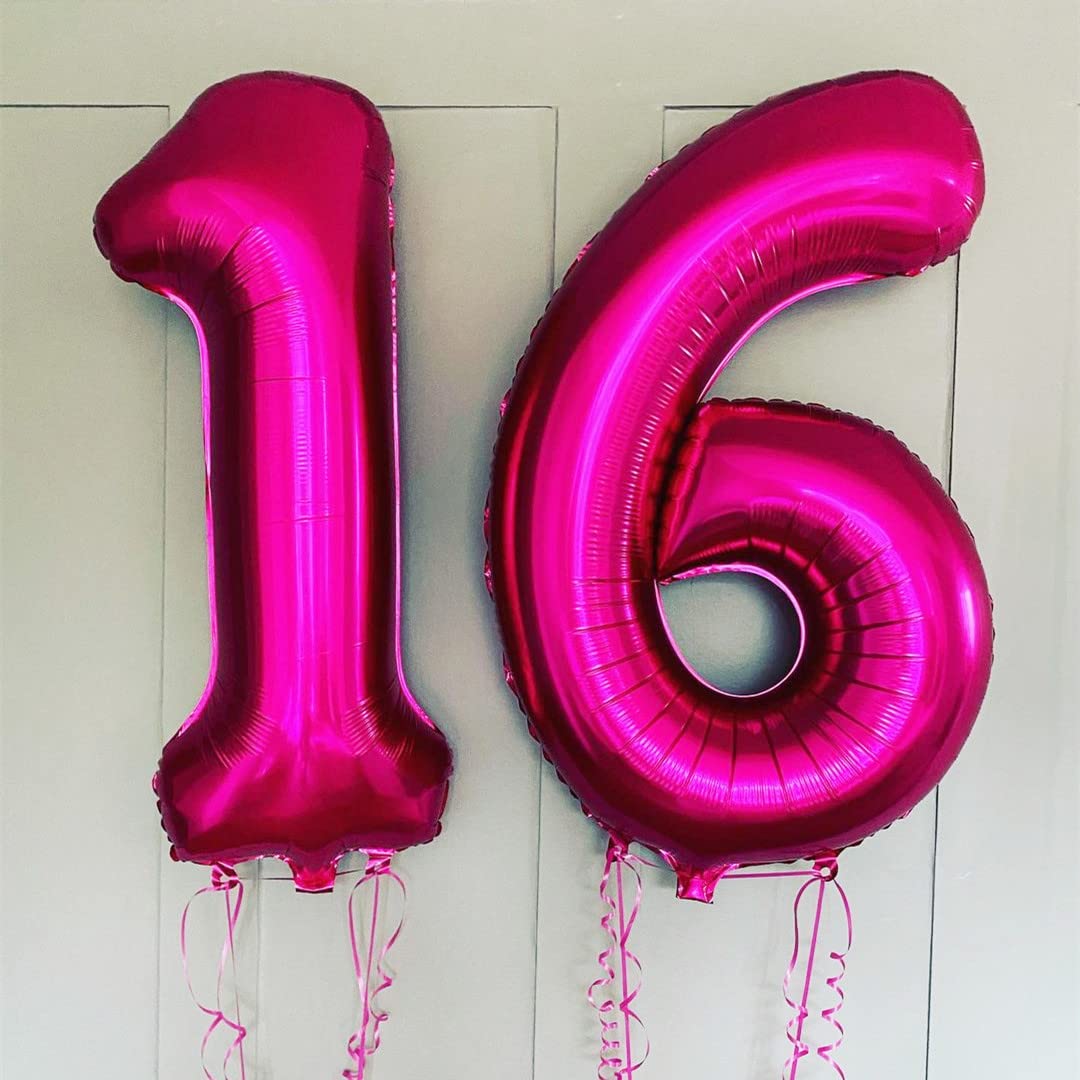 Hot Pink 16 Balloon Numbers,40 Inch 16Th Or 61St Birthday Balloon Foil Mylar Number 16 Balloon Large Dark Pink Number Balloons For Birthday Party Anniversary Festival Decorations