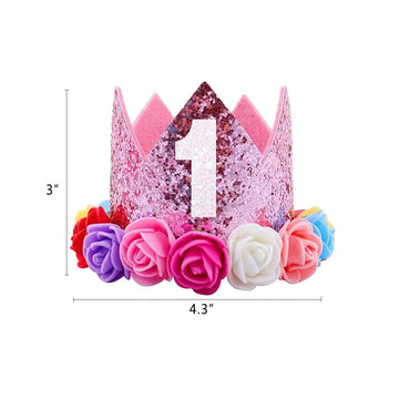 ipalmay Baby Princess Glitter Pink Crown, 1st Birthday Party Hat Pink with Mix Rainbow Color Flowers