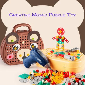 OFIGAS Magic Montessori Play Toolbox, Magic Montessori Play Toolbox Bear, 204 PCS Creative Mosaic Puzzle Toy with Electric Drill