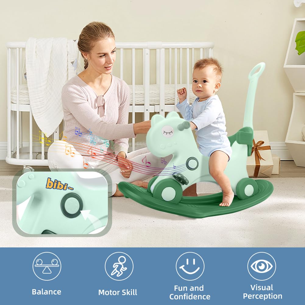 4 In 1 Rocking Horse For Toddlers 1-3 Years Old, Balance Bike Ride On Toys With Push Handle, Backrest And Balance Board For Baby Girl And Boy, Unicorn Kids Riding Birthday (Green)