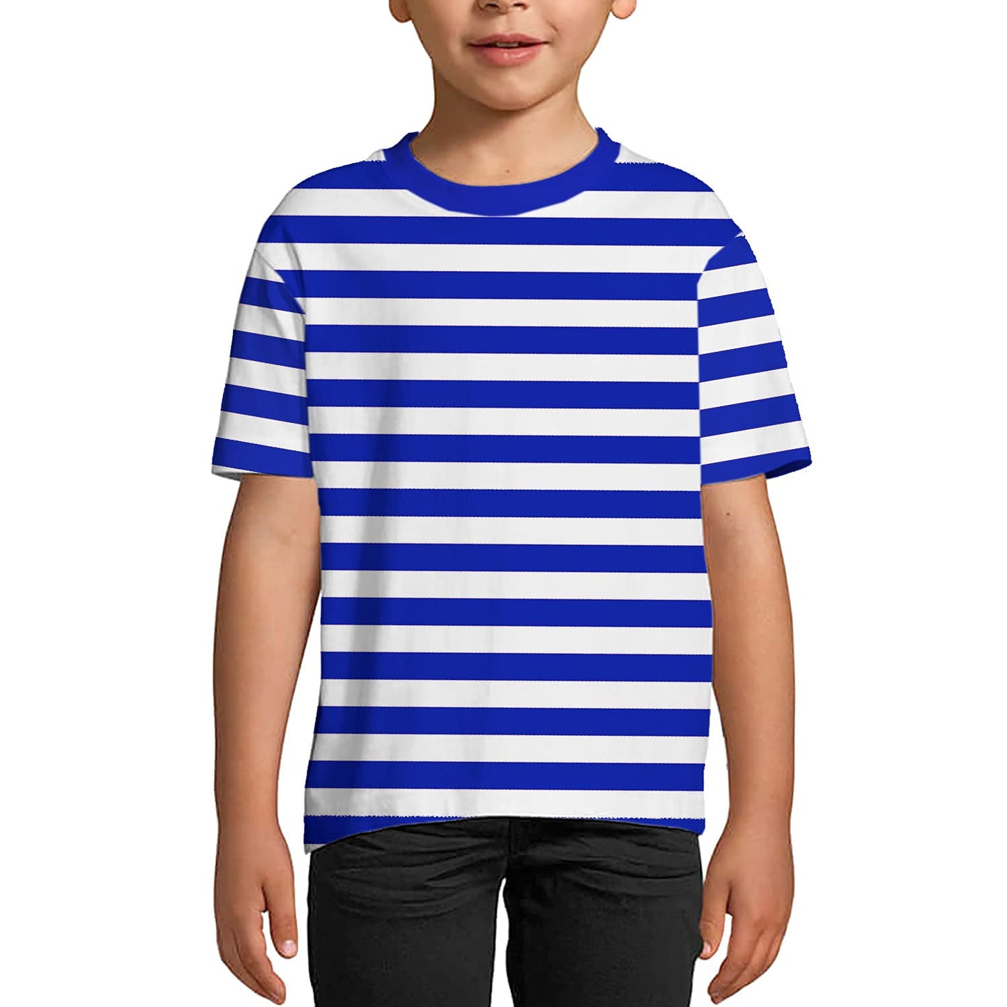 Halloween Boys Sailor Pirate Costume Blue White Striped Shirt Kids Short Sleeve Summer Tee Top 9-10 Years