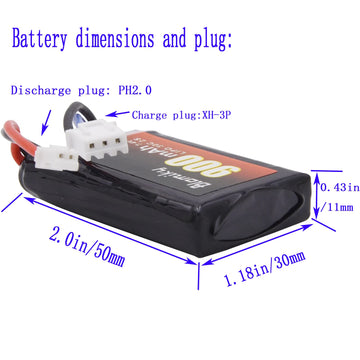 Blomiky 2 Pack 7.4V 2S 900mAh Lithium Rechargeable Battery with PH2.0 Plug Compatible with 1/24 SCX24 RC Cars SCX24 Battery 2