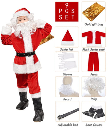 Bervyosw 9 Pcs Boys Santa Costume Kids Santa Suit Coat Toddler Grinch Costume Youth Santa Jacket Outfit For Halloween Christmas