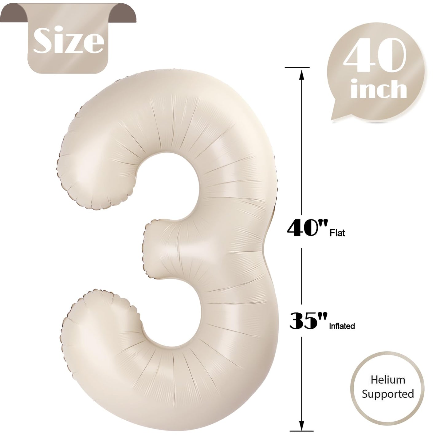 Cream Number 3 Balloon 40 Inch, 3 Balloon Number, 3Rd Birthday Decorations, Cream Party Supplies For Boys Girls