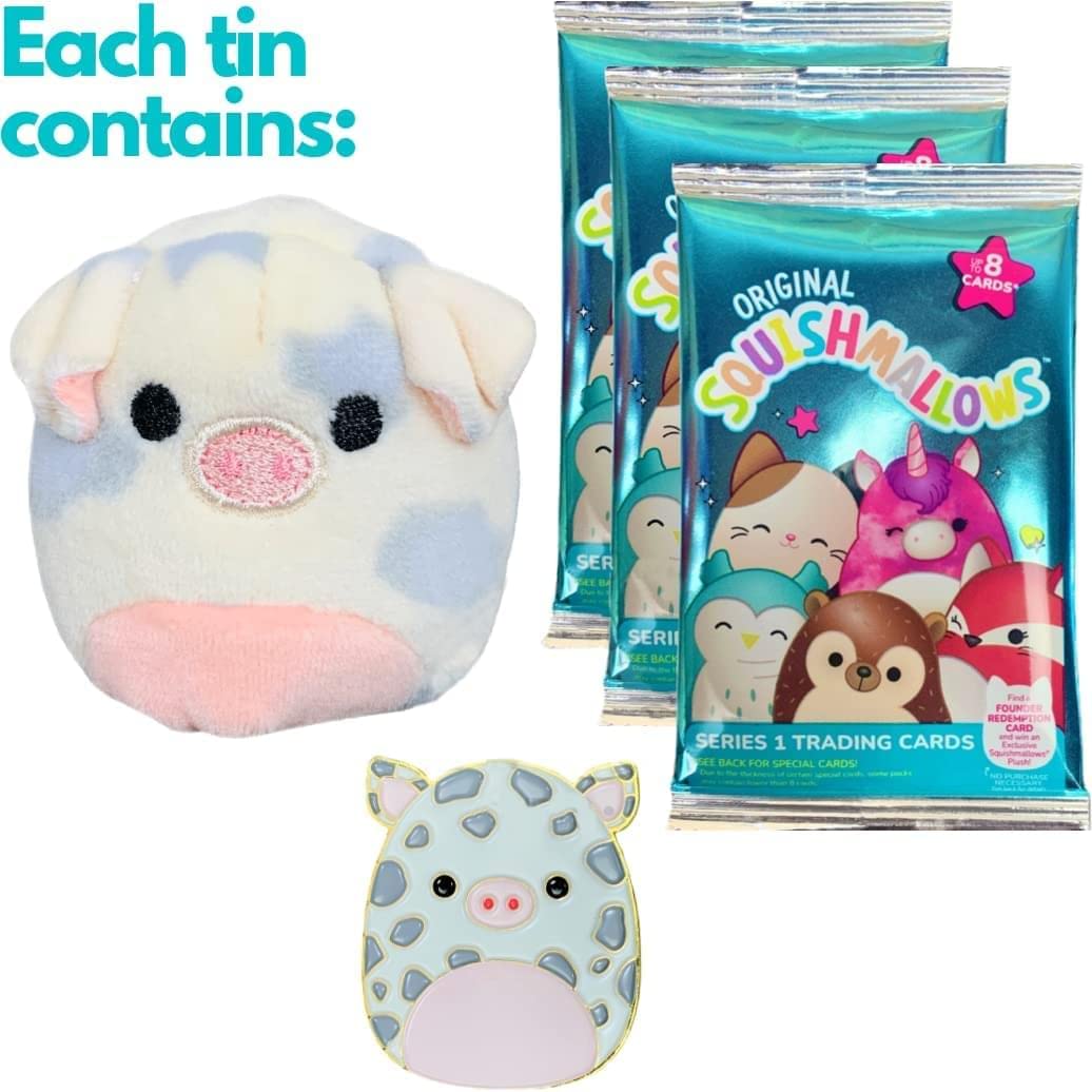 Squishmallow Official Kellytoy Collector'S Tin Set With Micromallow Exclusive Pin And Trading Cads Choose Your Favorite Or Collect Them All (Rosie The Pig)