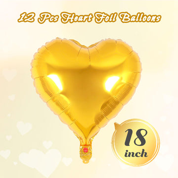 12 Pcs Heart Balloons,18 Inch Gold Heart Shape Foil Balloons Love Balloons Valentine Balloons For Birthday Party Wedding Engagem
