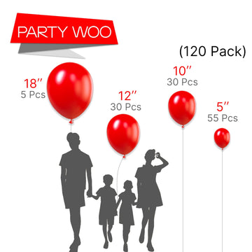 PartyWoo Red Balloons - 120 pcs Matte Red Balloons (18" 12" 10" 5") for Birthday and Party Decorations, Rubber, Red-Y57