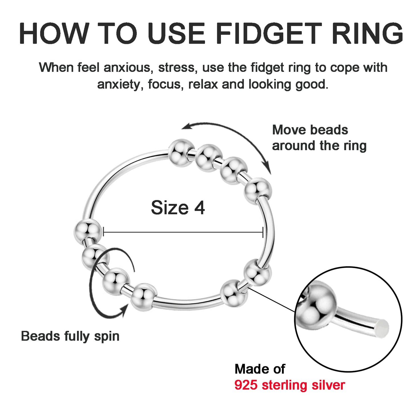 Asgift 925 Sterling Silver Anxiety Ring For Men Women Fidget Ring With Beads Stackable Stress Relieving Spinner Rings (Size-11)