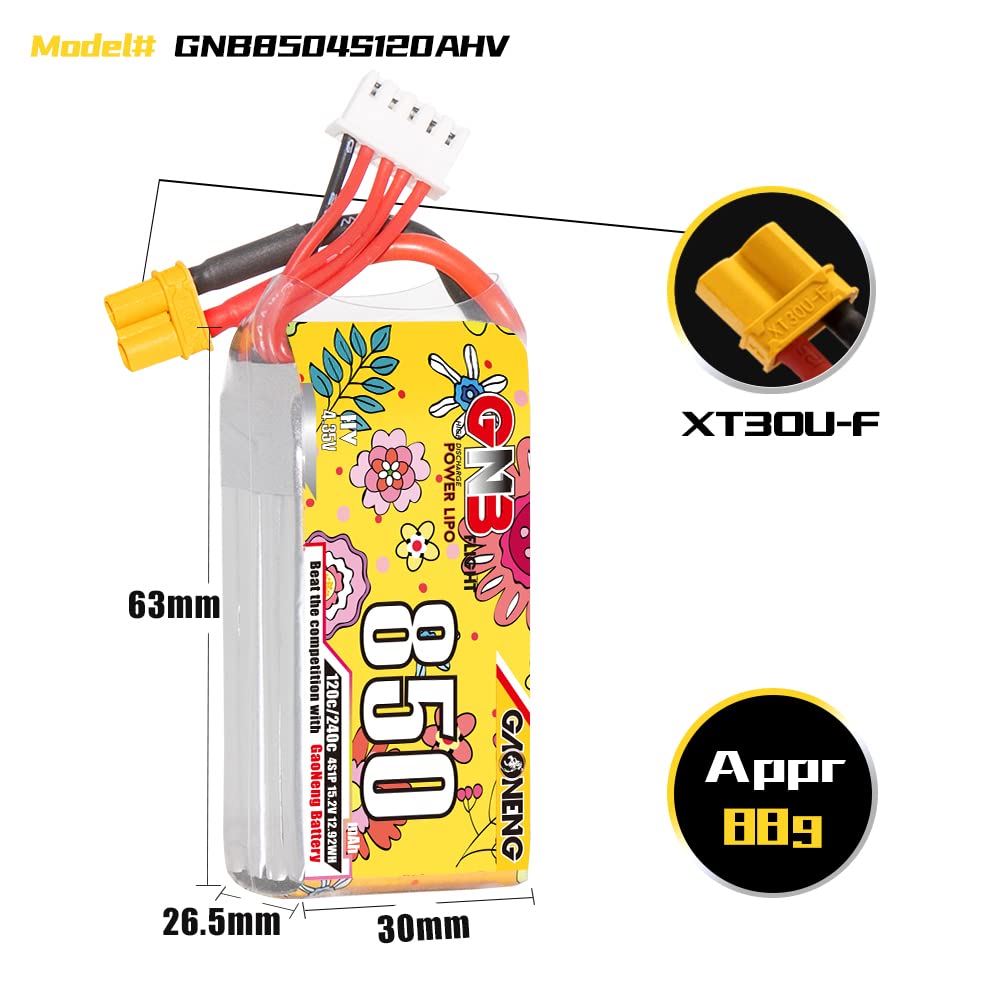2pcs GANENG GNB 4S 15.2V 850mAh 120C XT30 Connector RC Drone LiPo Battery Packs for 2.5 to 4 inches Propeller FPV Beta95X LongRa