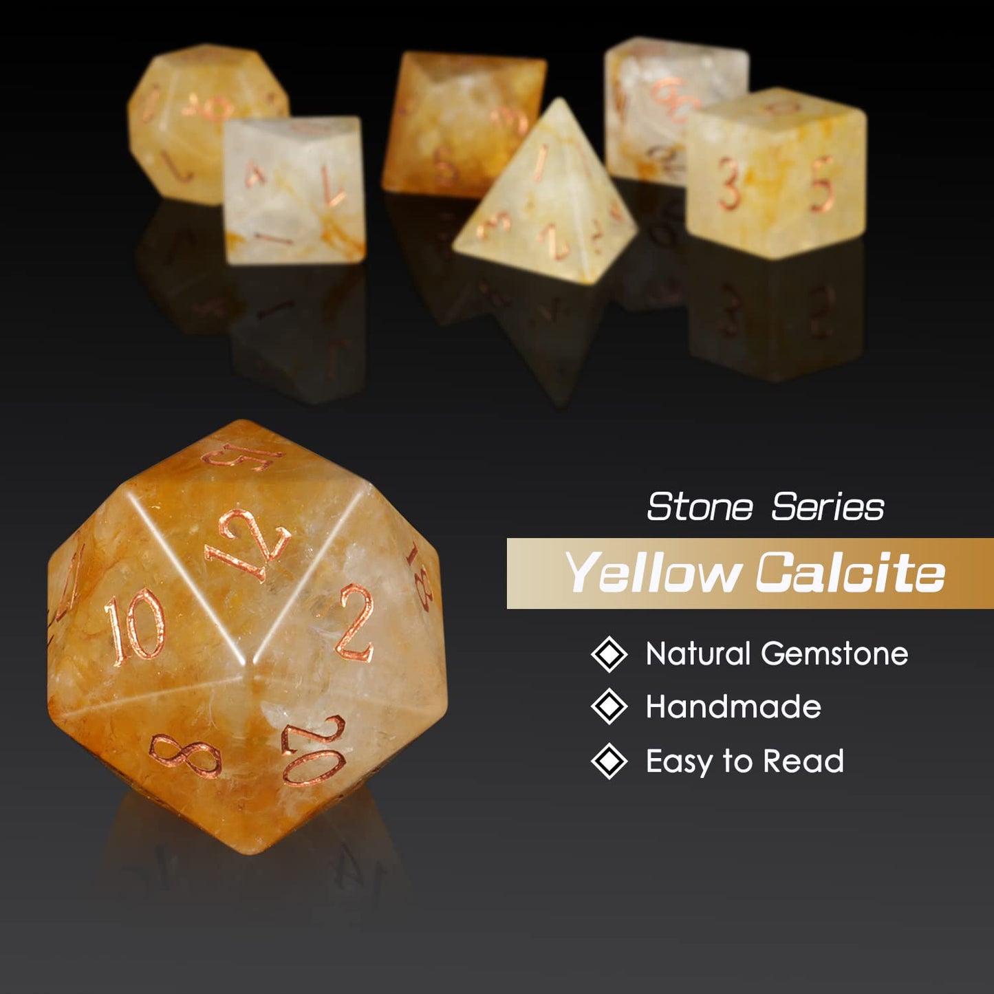 DNDND Yellow Calcite Dungeons and Dragos Dice Set 7 PCS Stone D&D Die with Grogeous Gift Case for DND Tabletop Game (Yellow Calc