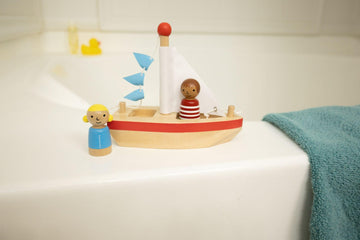 Boats And Buddies- Friends By Jack Rabbit Creations- 3 Piece Wooden Floating Bath Toys- Includes 2 Removable Play Figures- Water