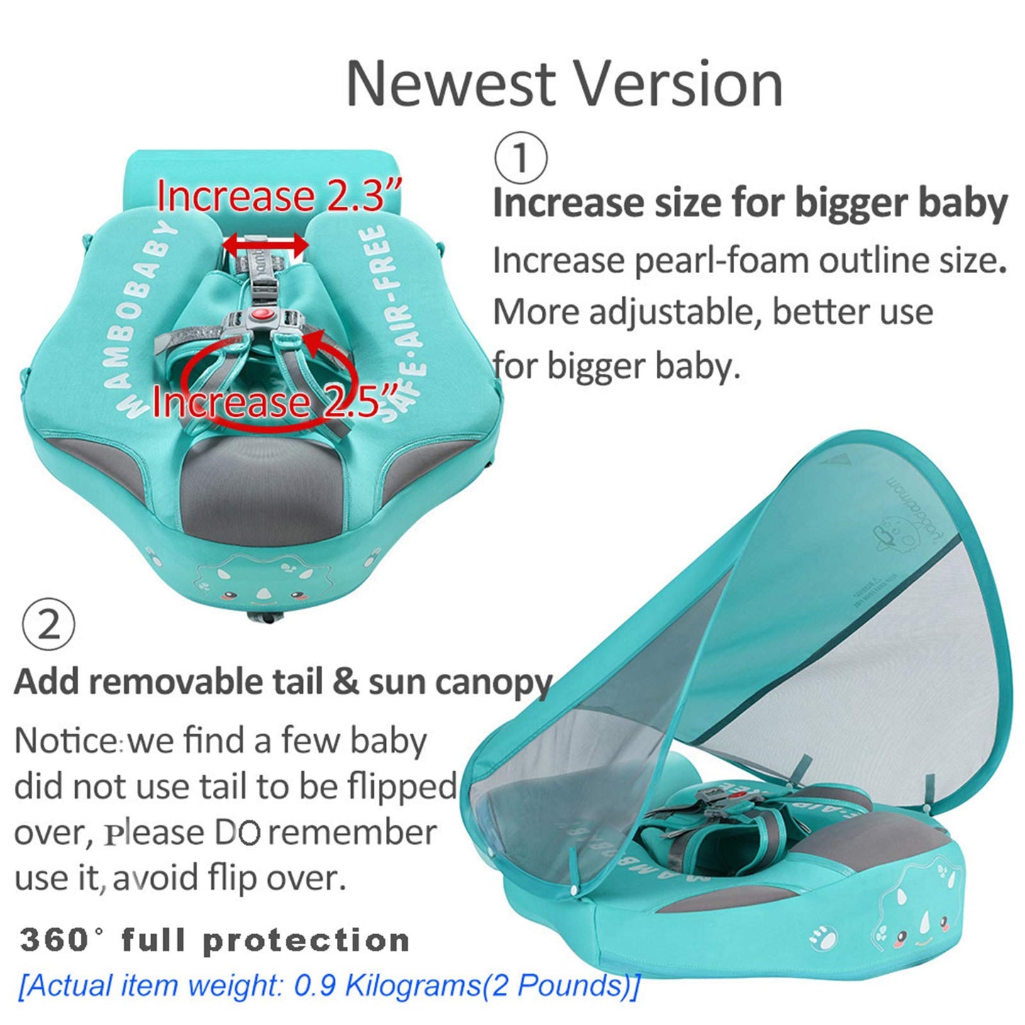 V Convey Baby Float Swim Trainer - Non-Inflatable, UPF 50+, Adjustable Size, Blue Cloth, Model B503 with Canopy