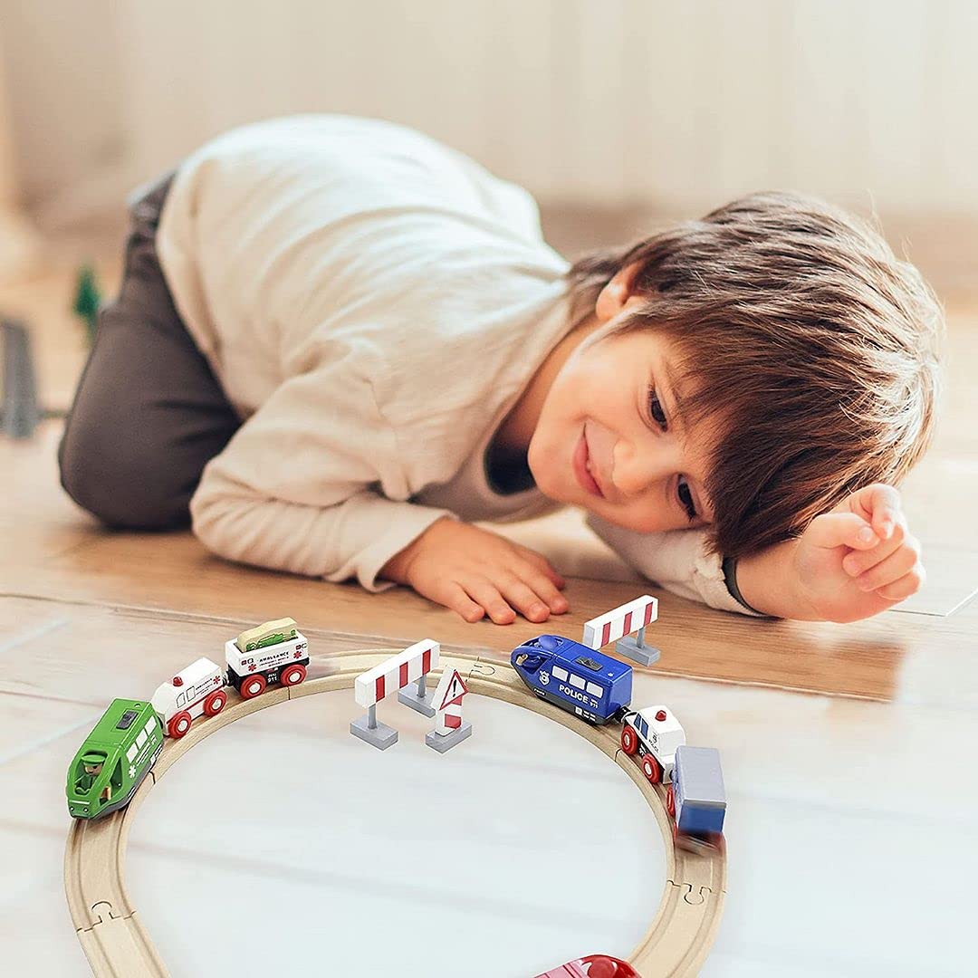 On Track Usa Wooden Train Set For Toddlers Battery Operated Action Rescue Trains With 3 Magnetic Motorized Engines And 6 Cars, Compatible With Thomas, Brio, Melissa And Doug