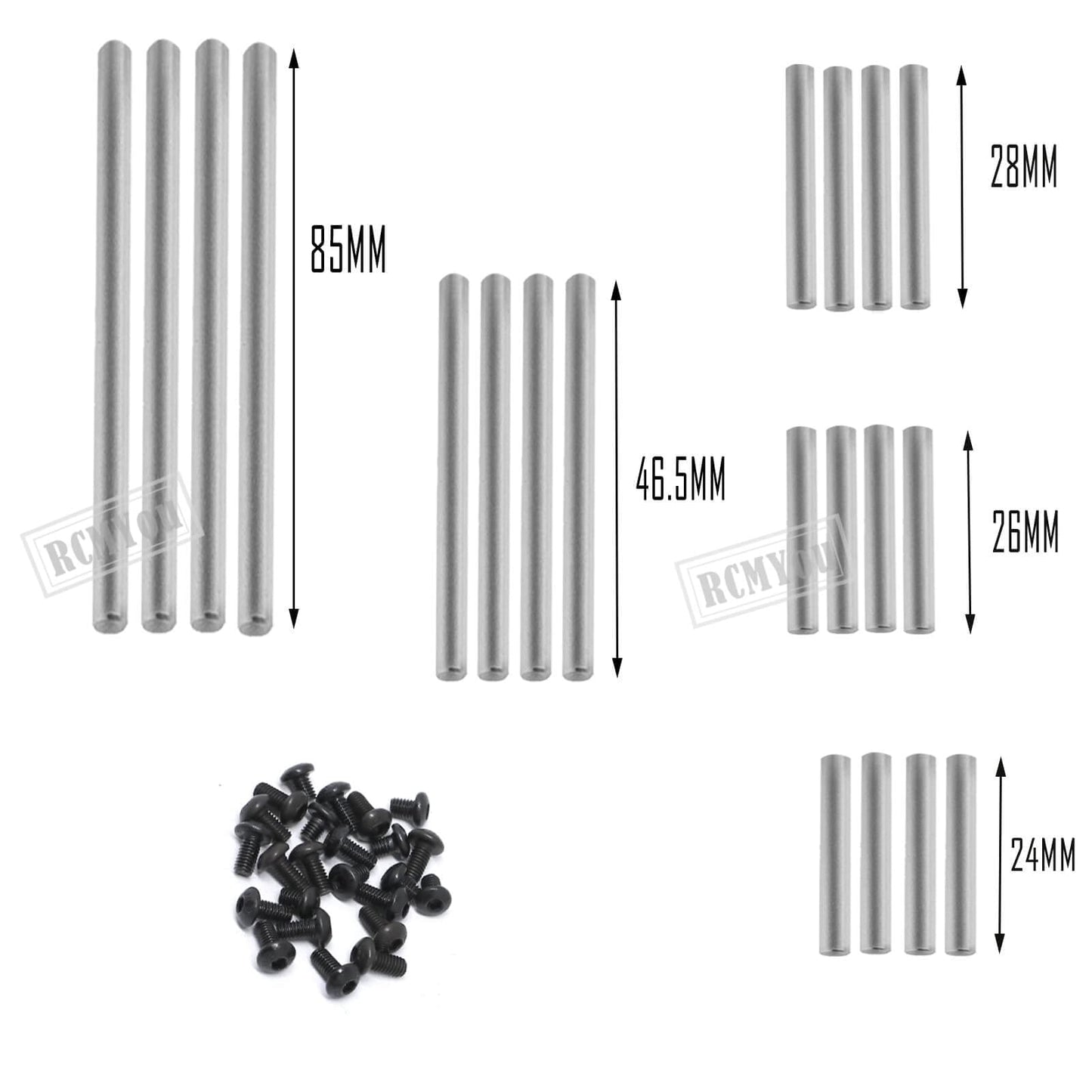 RCMYou RC Upgrades Part 8940X Suspension Pin Set,Complete (Hardened Steel),Includes:(4) 4x85mm (4) 4x46.5mm (4) 4x28mm (4) 4x26m