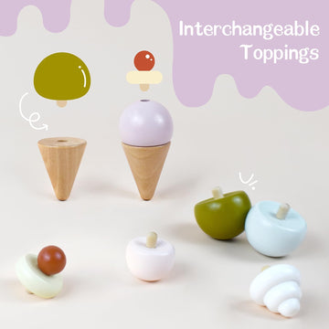 Pillowhale Wooden Ice Cream Toy,Pretend Play Food Toys,Play Ice Cream Counter Set for Kids,Play Kitchen Accessories for Toddlers