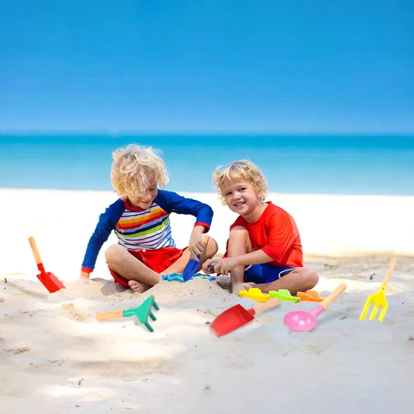 Beach Toys for Kids, 6Pcs 8'' Kids Gardening Tools Sand Toys Set, Metal Garden Tools with Sturdy Wooden Handle, Cylinder, Spoon,