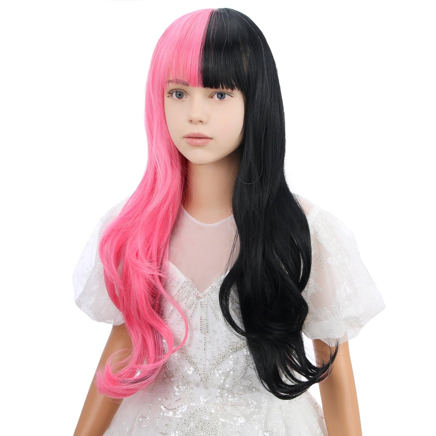 Wavelnm Kids Black Pink Wig With Bangs Child Half Pink And Half Black Wig Long Wavy Curly Wig For Girls Synthetic Wigs With Wig