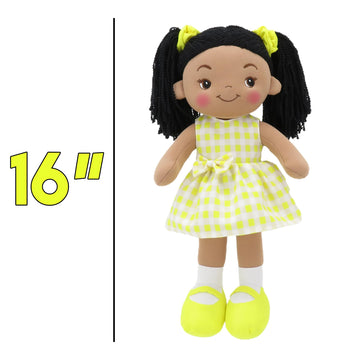 Personalized Snuggle Dolls, Custom Soft Brunette Baby Rag Doll, Yellow Checked Dress, 16 Inches, Muecas De Trapo Personalizadas