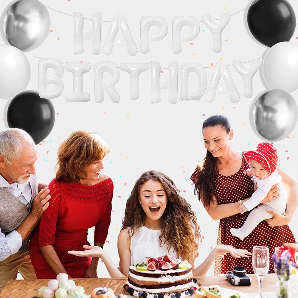 Toniful White Happy Birthday Balloons Banner With Ribbon Straw, 16 Inch Mylar Foil Letters Birthday Sign Banner Balloon Bunting