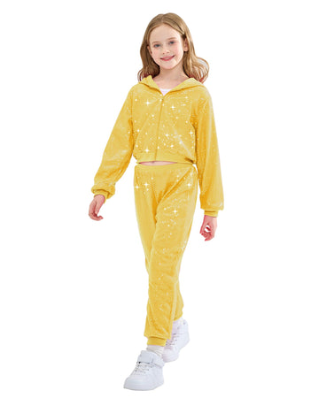 Lolanta Teen Girls Dance Costumes Youth Gold Sweatsuit Set Girls Sequin Outfit For Hip Hop Dance (Golden, 14-15 Years)