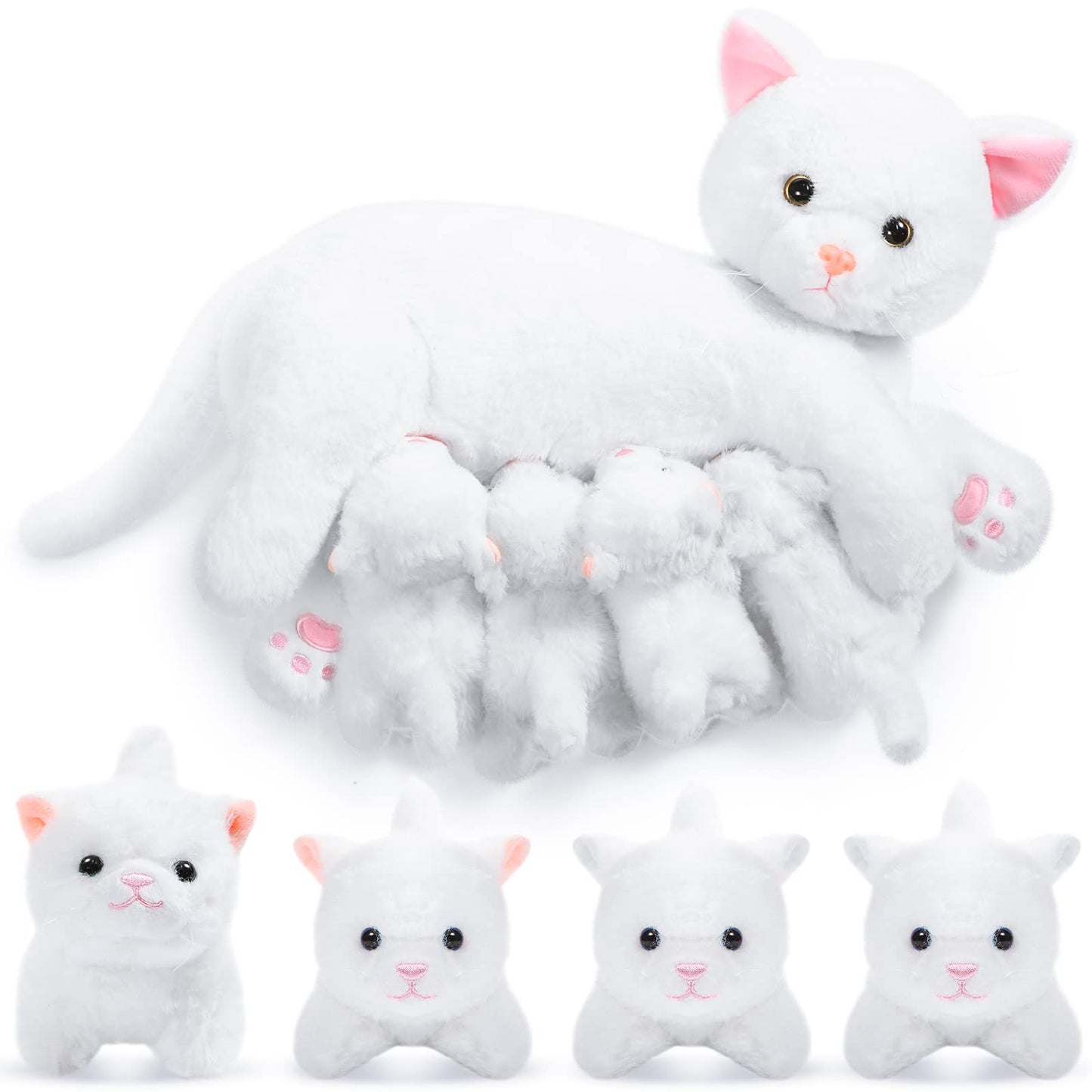 Skylety Nurturing Cat Stuffed Animal With 4 Plush Kittens, Cat Baby Stuffed For Girls And Boys Plushy Mommy Kitty With Baby Kittens For Birthday Party Favors Gifts(Warm Style)