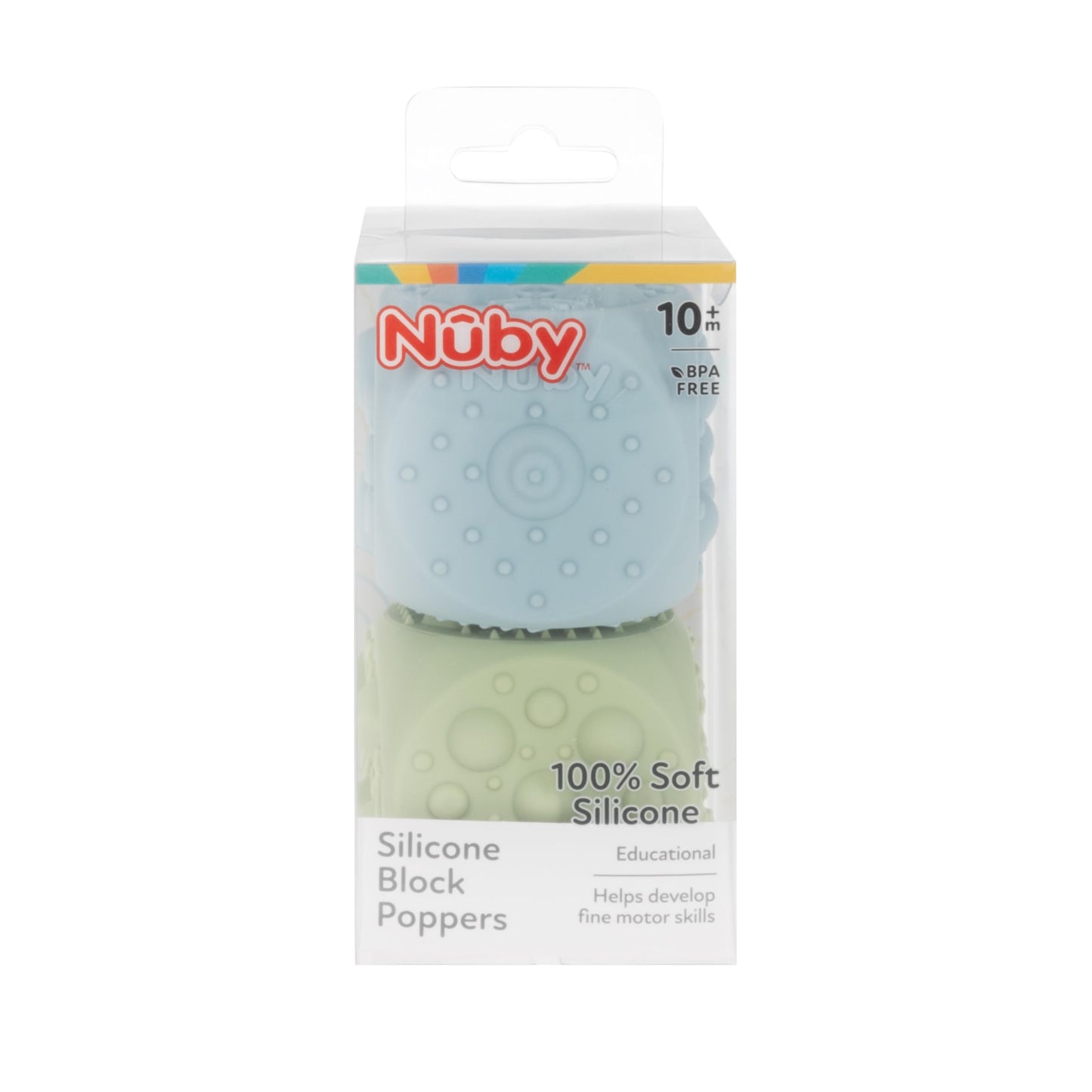 Nuby Silicone Block Poppers - (2-Pack) Interactive Baby Block Toy for Babies 10+ Months - Blue and Green