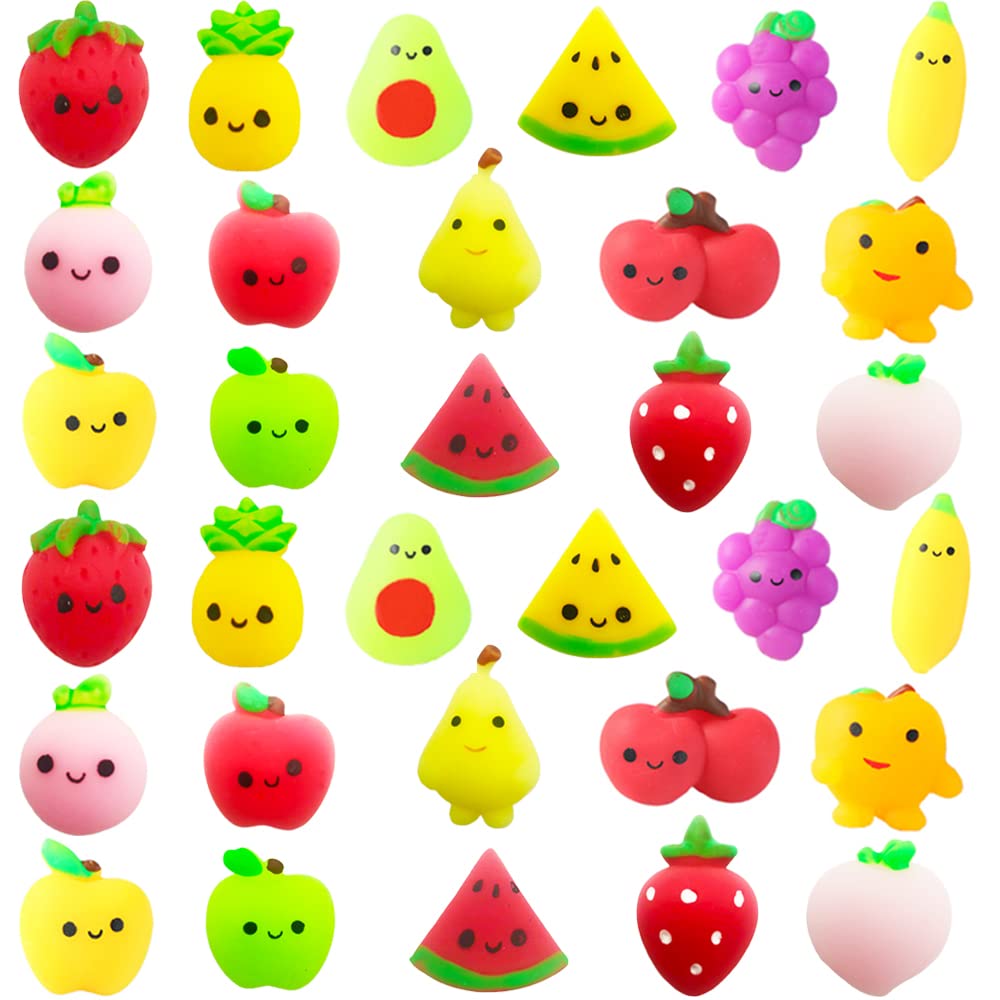 32pcs Mochi Squishy Toys Set for Kids, Mini Squishies Kawaii Fruit Squeeze Toys Pack Cute Stress Relief Anxiety Toys for Boys Gi