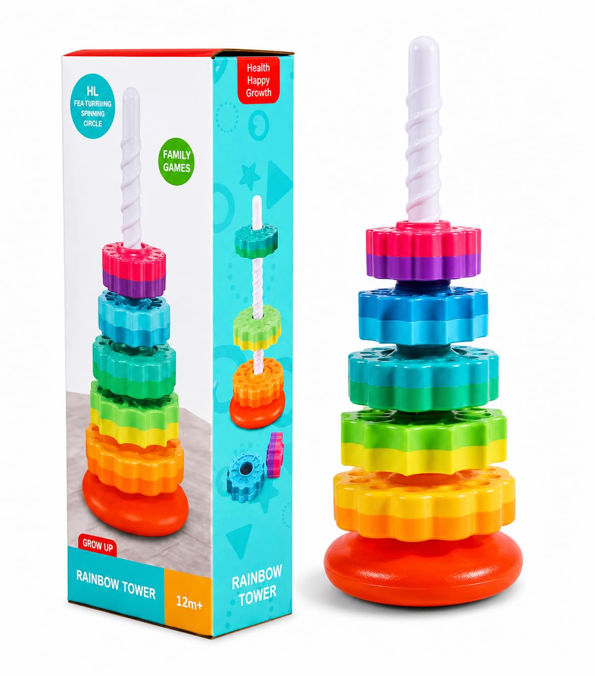 Nivzo Rainbow Spinning Tower Toy | Colorful Gear Shape Stacking Rings with Spiral Rod and Base | Spin and Stack Activity Toy for
