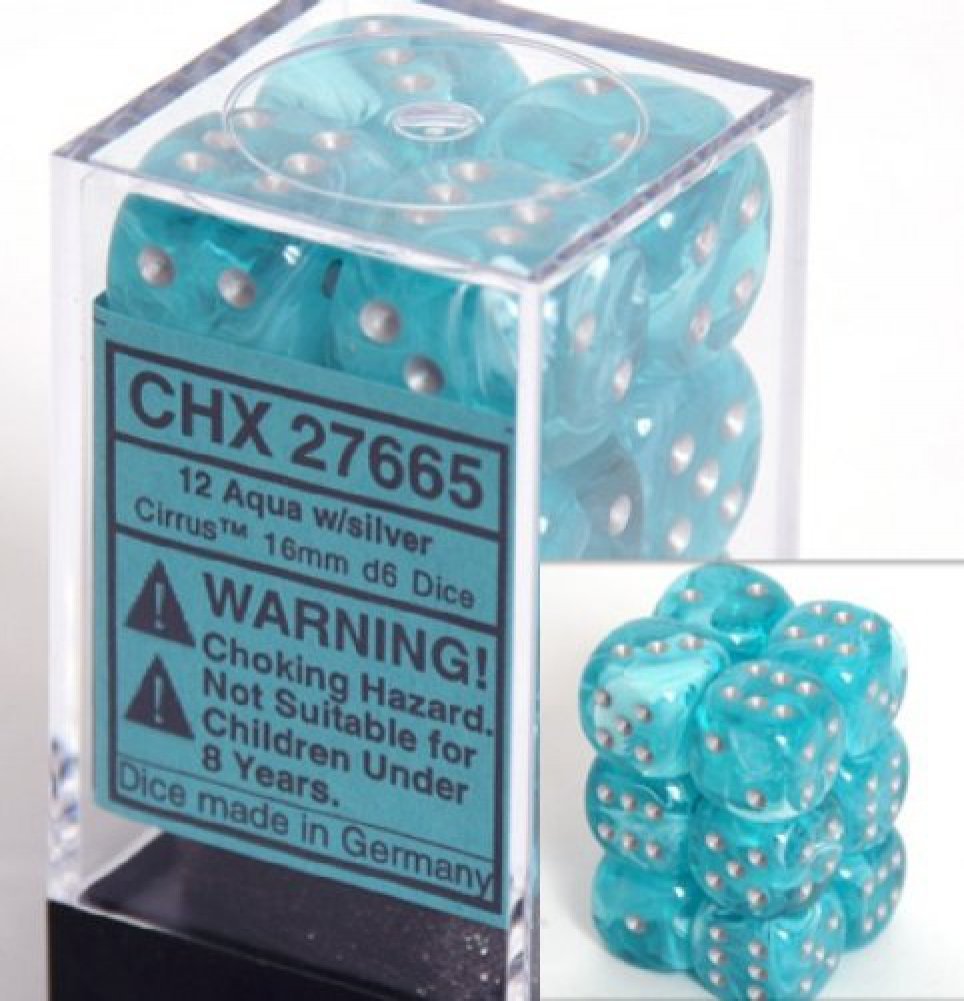 Chessex Dice d6 Sets: Cirrus Aqua with Silver - 16mm Six Sided Die (12) Block of Dice