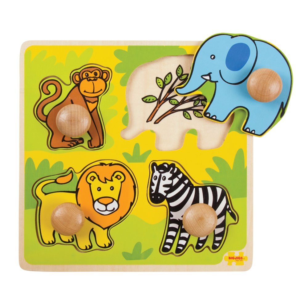Bigjigs Toys Wooden Peg Puzzle Safari - Quality Peg Puzzle For 1 Year Old, Fine Motor Skills Toys For Babies & Toddlers, First A