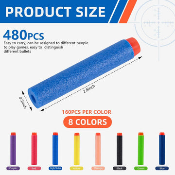 KISEER 480 Pcs Colorful Refill Darts Bullets Ammo Pack for Nerf N-Strike Elite Blasters - EPE Material