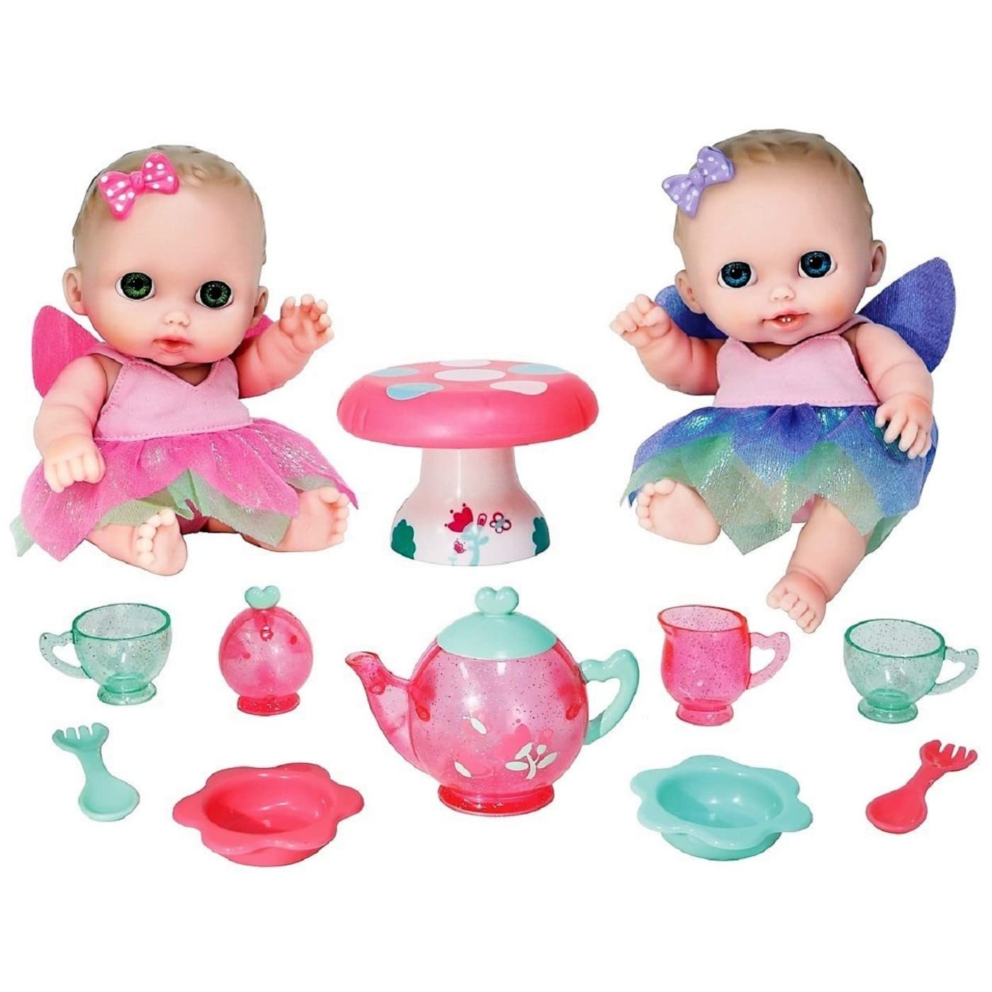 Jc Toys Lil Cutesies Twin 8.5' All Vinyl Dolls And Fairy Tea Set | Posable And Washable | Removable Outfits | Twin Dolls And Tea Accessories Ages 2+