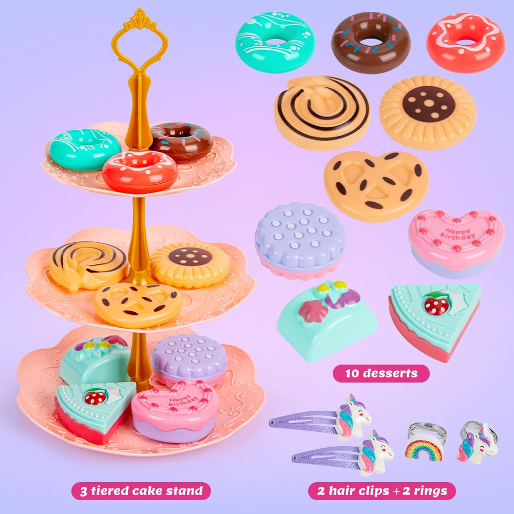 32Pcs Unicorn Tea Party Set for Little Girls Princess Tea Time Toys Playset Including Tin Tea Set Carrying Case Food Sweet Hair