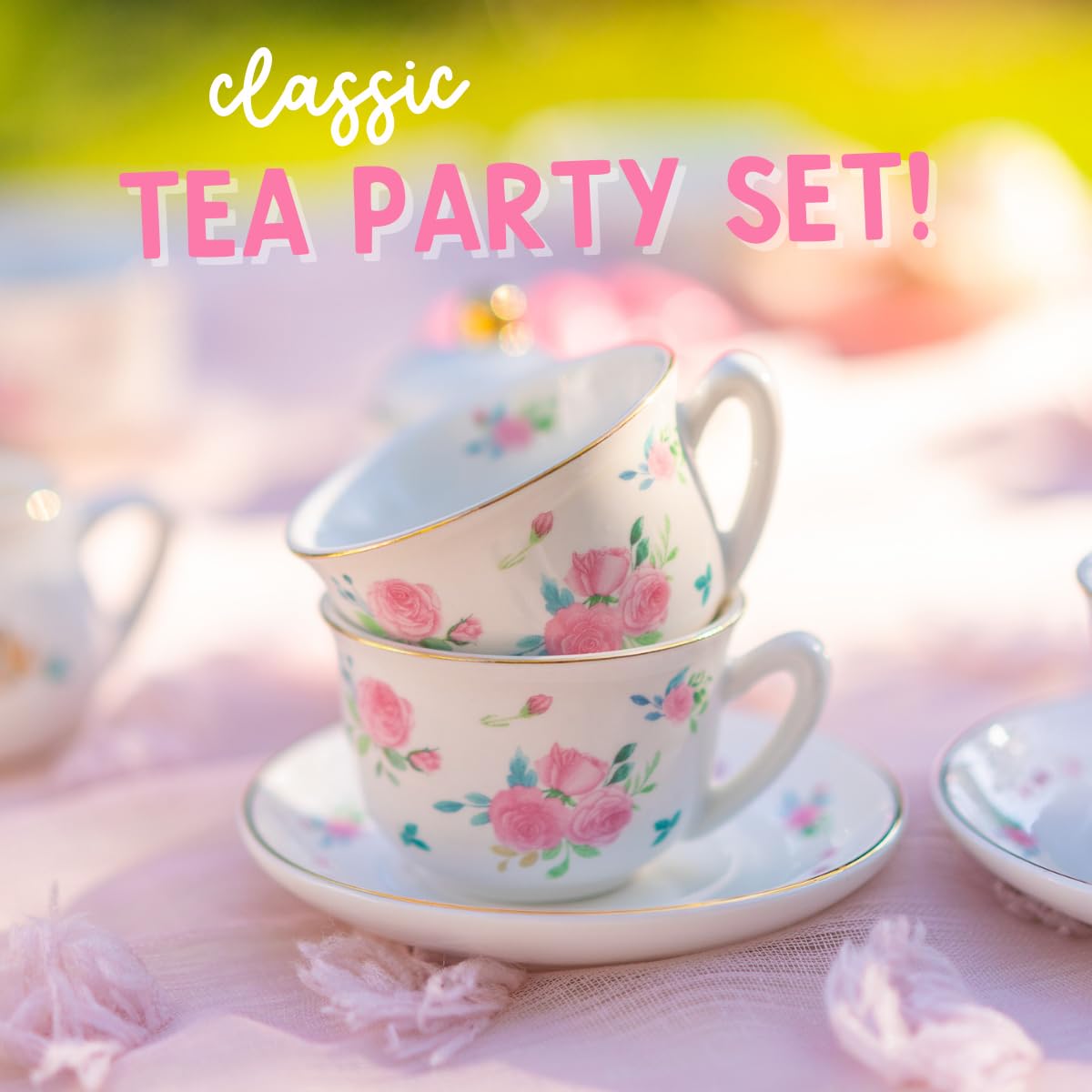 Porcelain Tea Set for Girls - White & Floral Tea Party Set for Kids I Complete Children Tea Sets with Carry Case, Teapot, Cups a