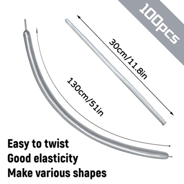 100Pcs 260 Balloons Metallic Silver Long Balloons For Balloon Animals, Silver Skinny Latex Twisting Balloon For Animals Modeling