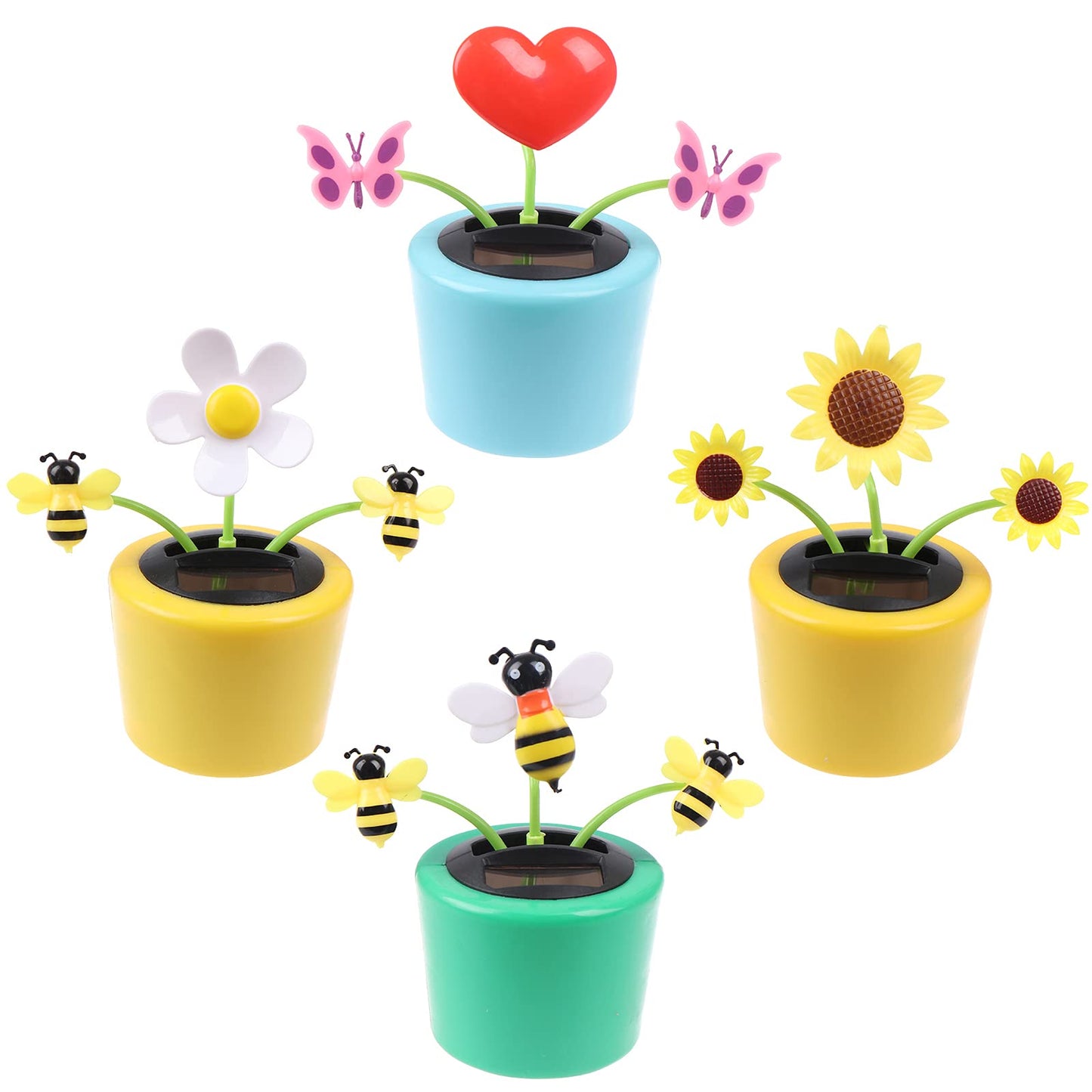 4 Solar Dancing Bee Toy Solar Powered Dancing Flower In Colorful Pots Swinging Heart Sun Flower Flip Flap Animated Bobblehead Dancer Window Rose Sun Catcher Car Dashboard Decor Portable Suncatchers