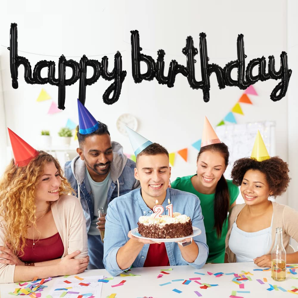 Toniful Black Happy Birthday Balloons Banner, 16 Inch Mylar Foil Script/Cursive Letters Birthday Sign Banner Balloon Reusable Ma