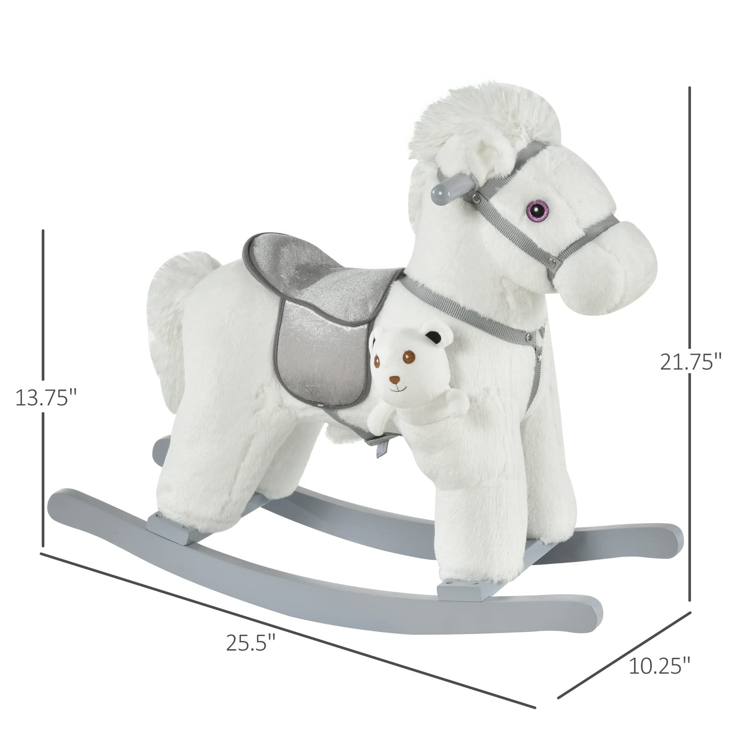 Qaba Kids Plush Ride-On Rocking Horse With Bear Toy, Children Chair With Soft Plush Toy & Fun Realistic Sounds, White