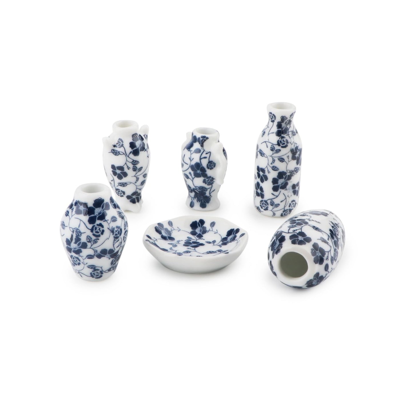 Dollhouse Vase 7 Pcs Set Miniature 1/12 Scale Blue Flower White Porcelain Vases Set Dollhouse Decoration Accessories