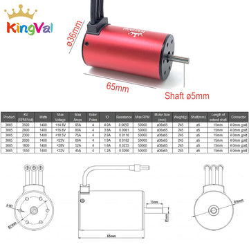 KingVal Replacement 3665 3500KV Waterproof Brushless Motor Shaft 5mm Compatible with 1/10 RC Car